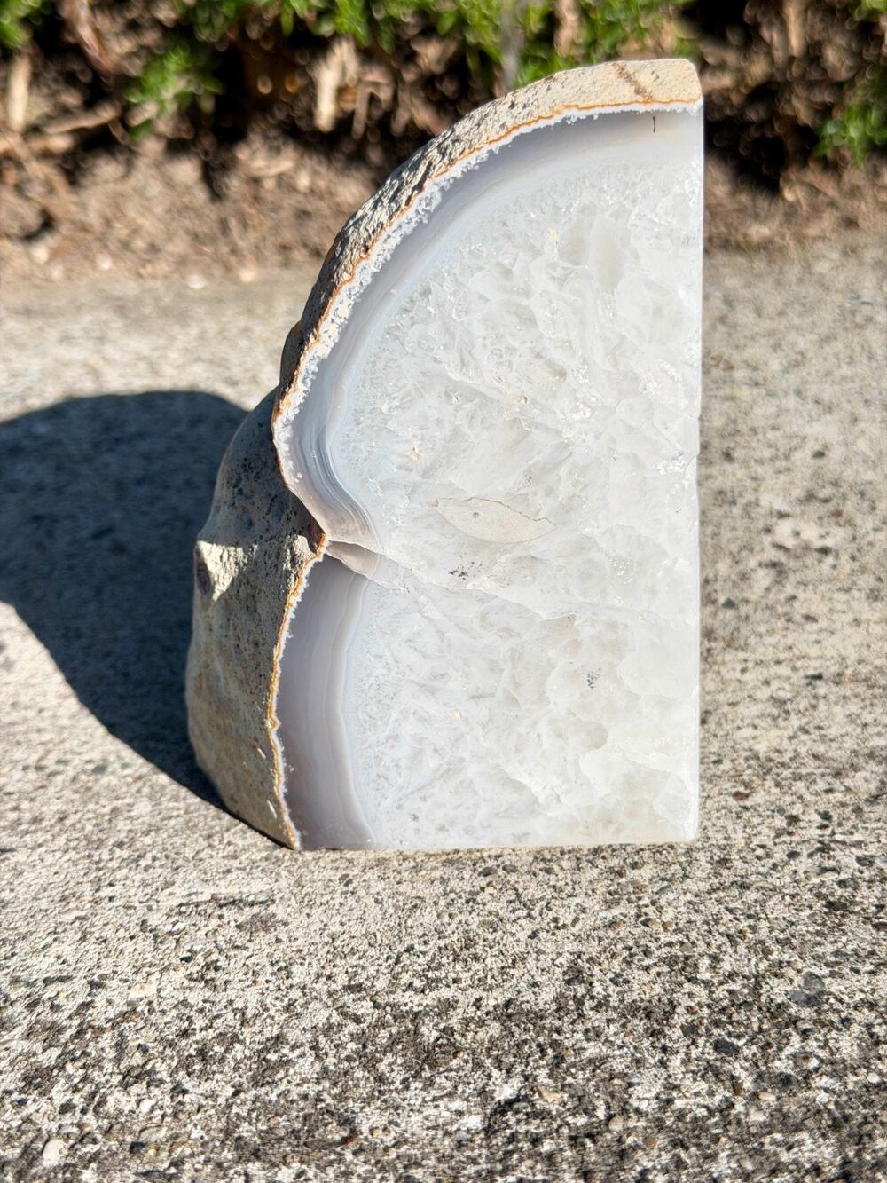 Natural Agate Geode Bookend Quartz Crystal Polished Gray White Stone Decor 4.5”